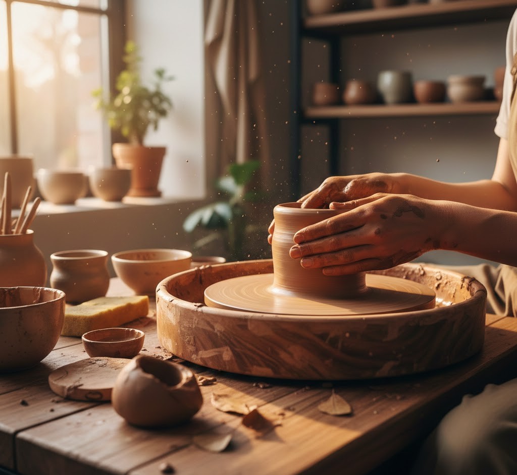 Pottery wheel with clay being shaped into bowl