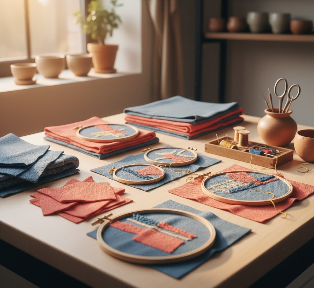 Colorful fabric scraps and embroidery hoops