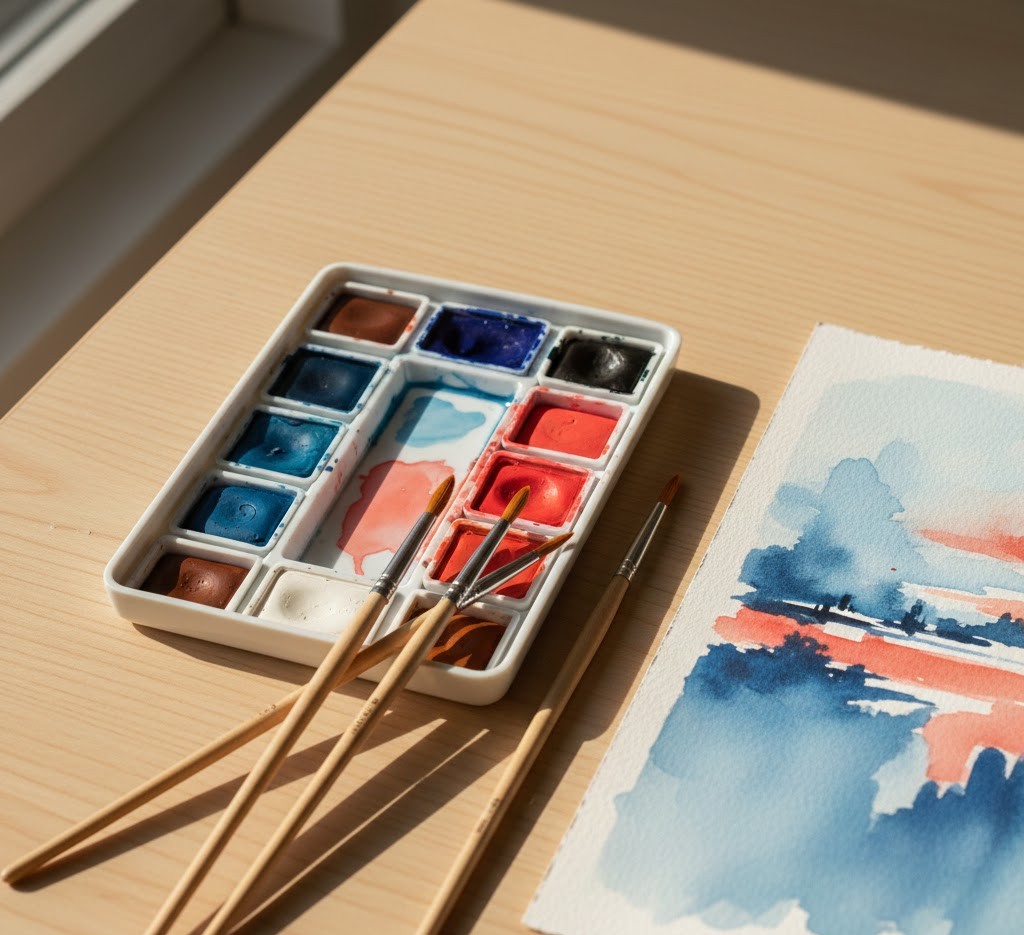 Watercolor palette with brushes and painted artwork