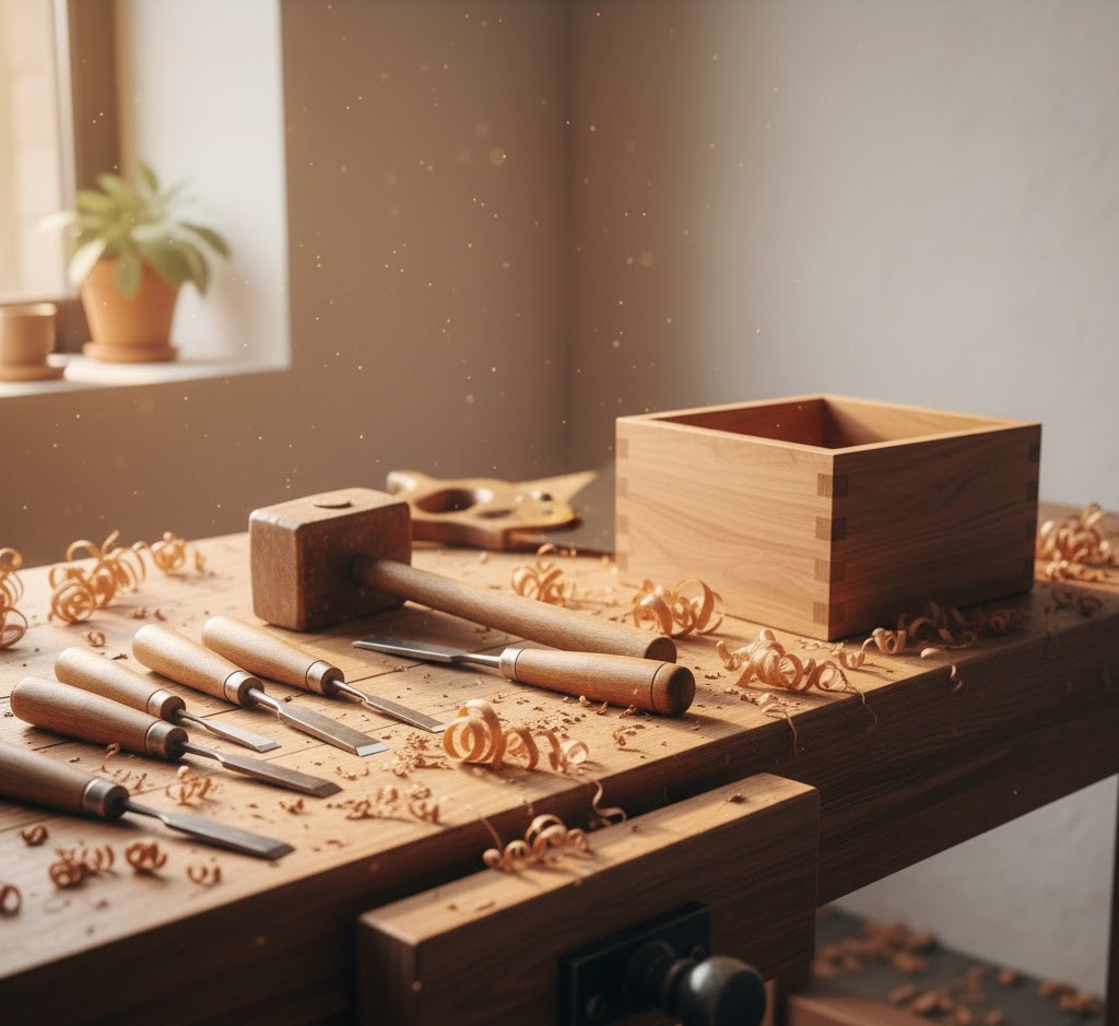 Woodworking tools and wooden box project